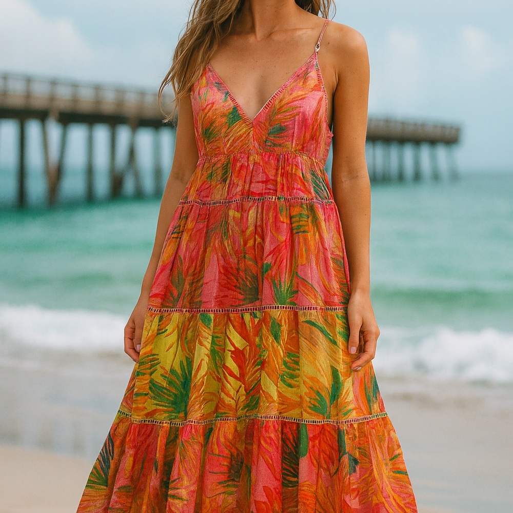 Farm Rio Maxi Dress Size- Large ,Tropical Print, Beach Ready, Resort Wear - Picture 8 of 11